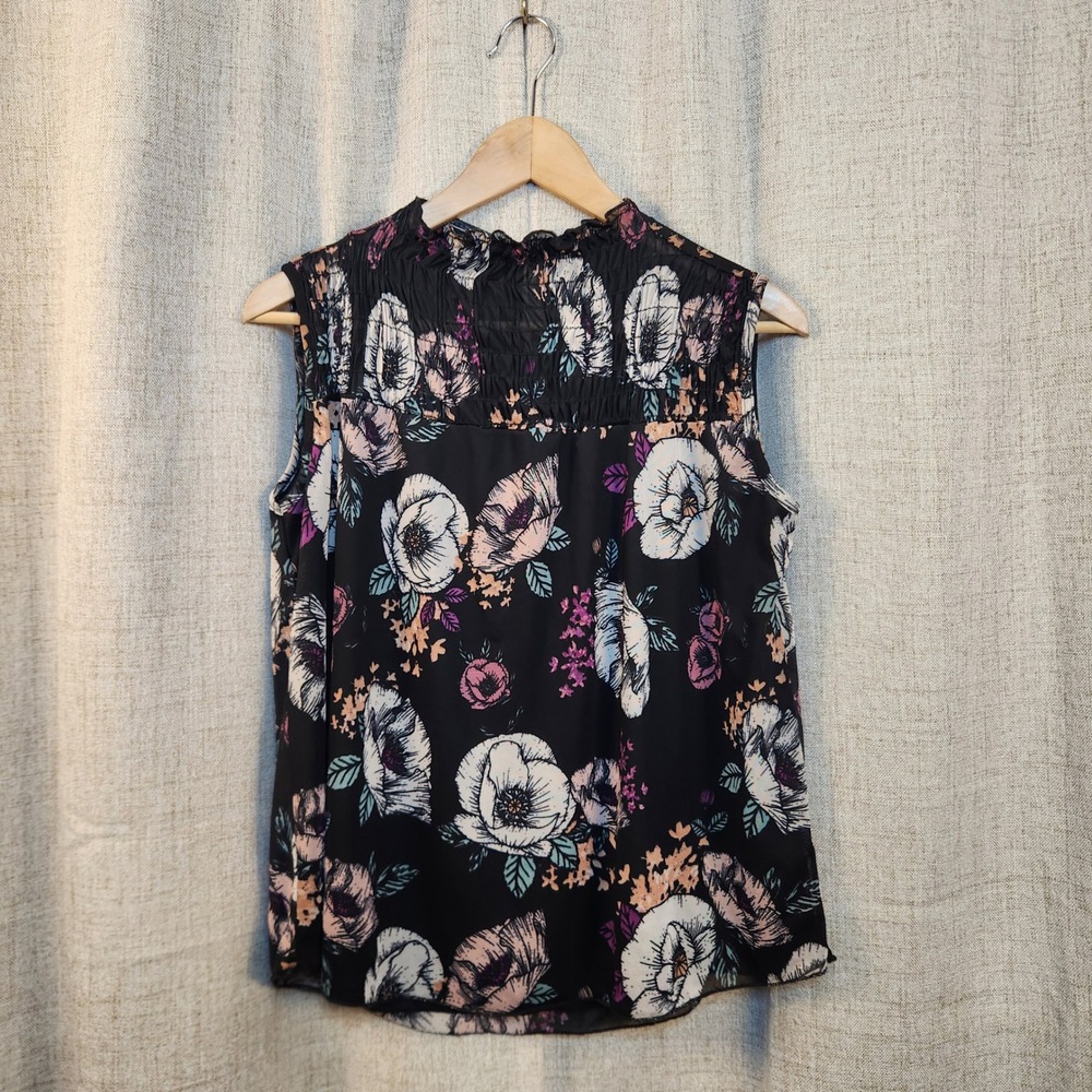 Kim & Cami Sleeveless Blouse Women S Black Floral Ruched Sheer Lined Lightweight